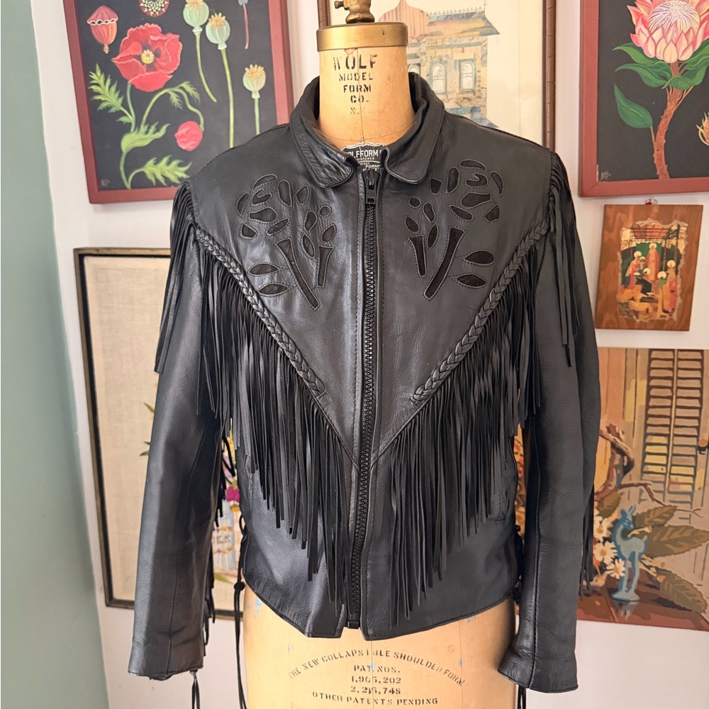 Biker Black Leather Jacket with Fringe and Rose Cutout Design